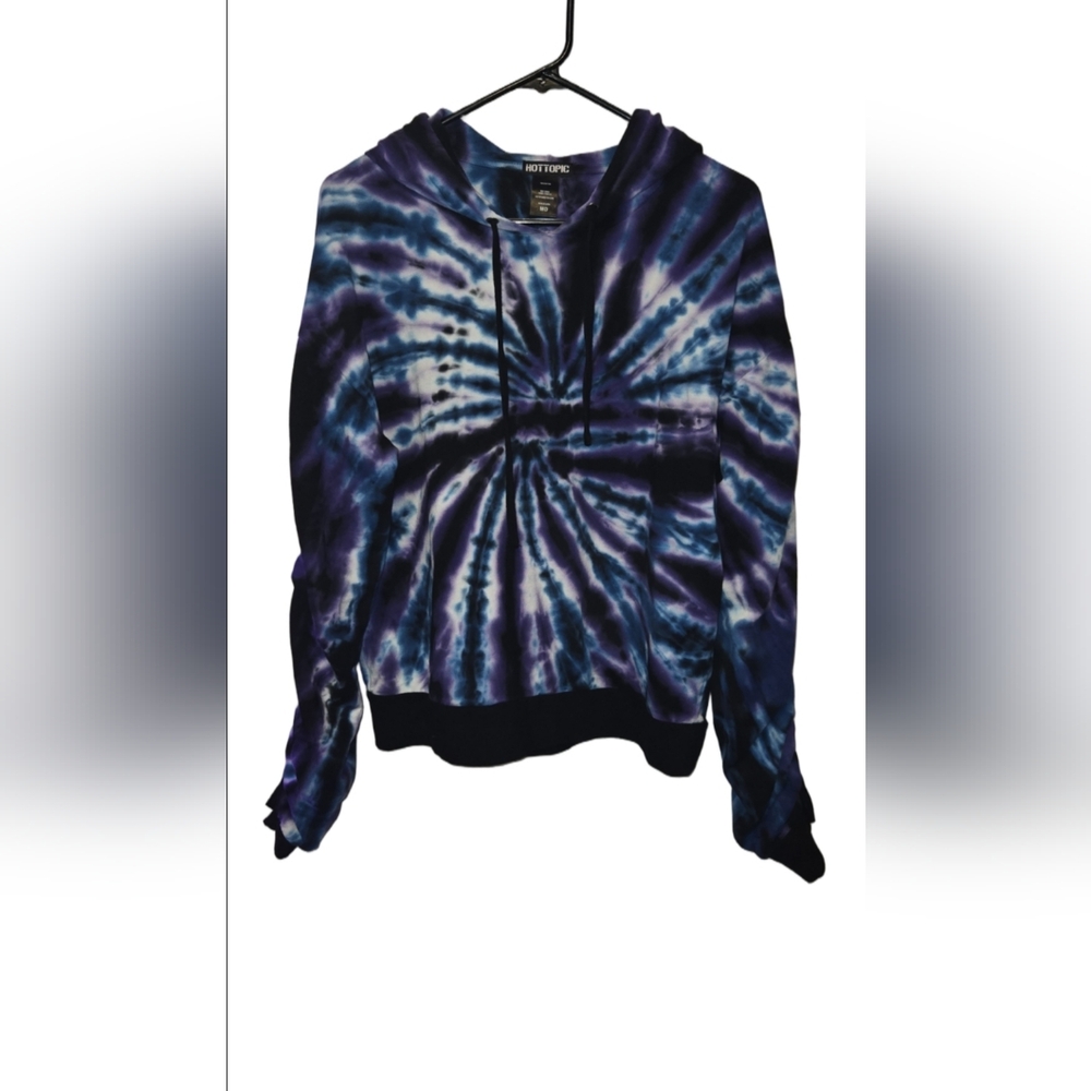 🔮 Hot Topic Tie-Dye Spiral Ruched Sleeve Cropped Hoodie - Purple/Blue/Black -